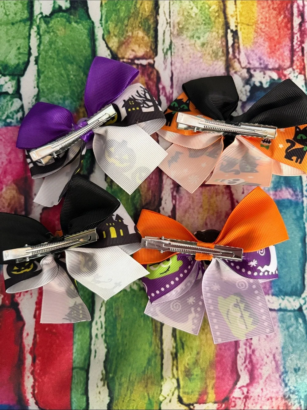 Halloween Kids Ribbon Hair Bows - Orange, Purple, Black, White